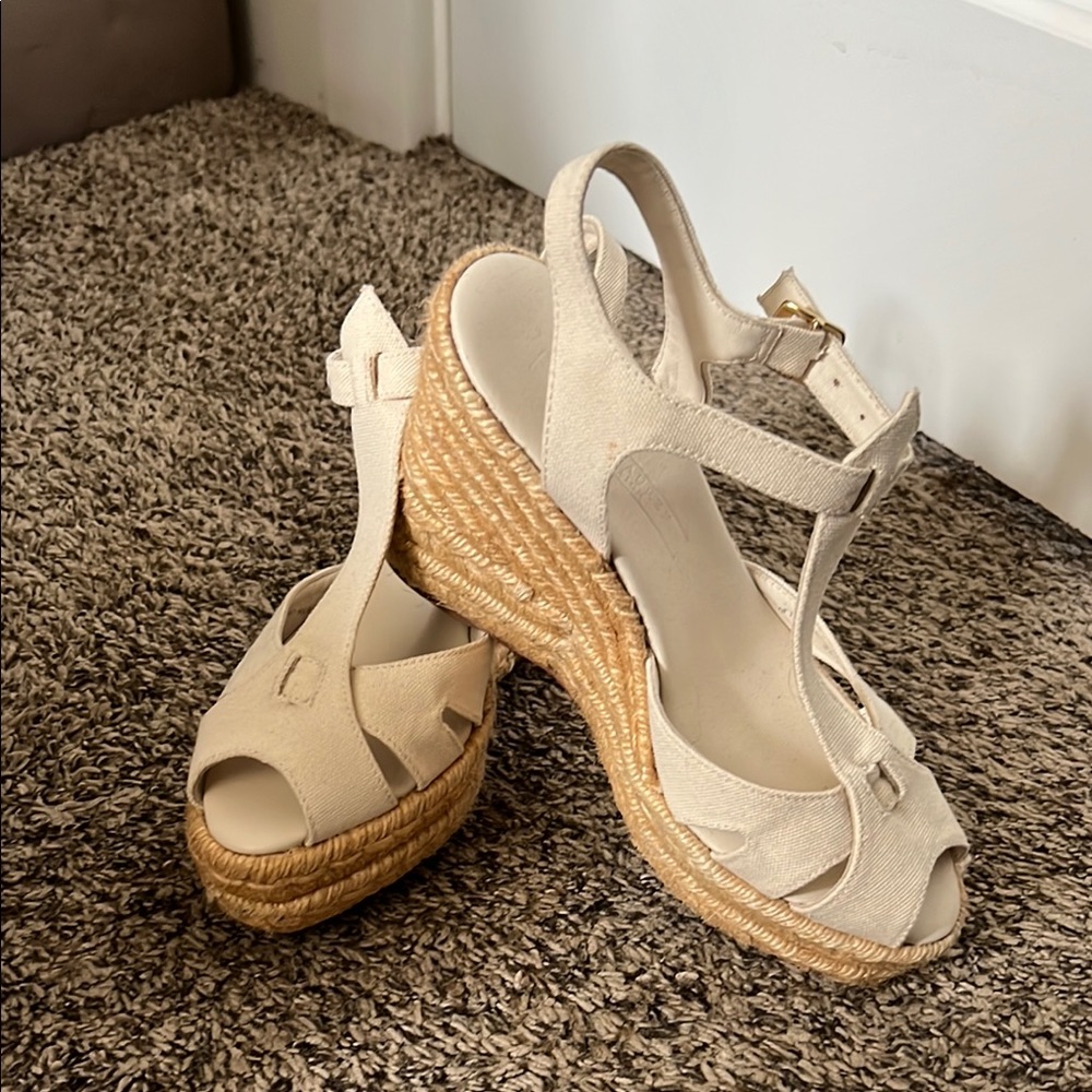 Ralph Lauren Collection Elegant Raffia Cream Wedge Sandals